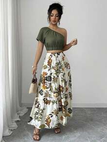 Blusa ajustada de manga corta con hombro asimétrico en color verde elegante + Falda ajustada en línea A de color beige elegante, ropa de vacaciones/resort - Multicolor 2 - Ver 6