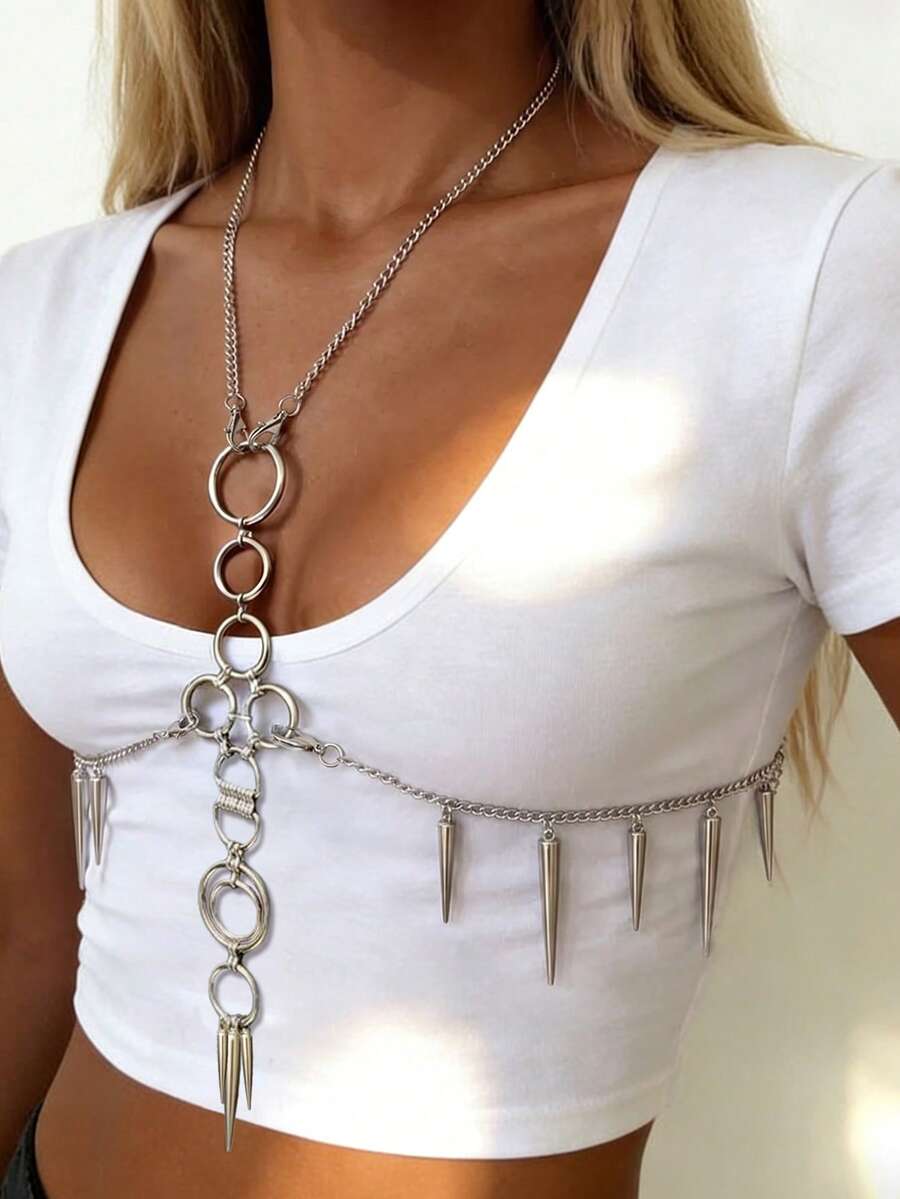 1 pieza Cadena de Body con colgante de remache de estilo punk redondo, de acero inoxidable color plata, adecuado para uso diario, fiestas y festivales de música tanto para hombres como para mujeres - Plateado - Ver 1