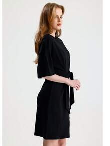 RoseArya Cotton Front Tie Detail Above Knee Dress - Black - View 4