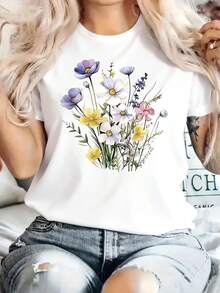 Talla Grande, Novedad de las Cuatro Estaciones, Camiseta Casual de Mujer de Talla Grande con Estampado Floral Colorido, Cuello Redondo, Manga Corta Holgada - Uso Diario, Tejido Transpirable Lavable a Máquina, Esencial para un Guardarropa Moderno, Camiseta de Algodón Cómoda para Mujer - Blanco - Ver 3