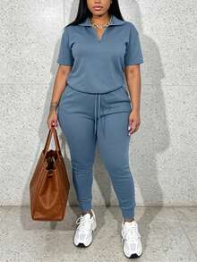 ChicMe Set sportivo da donna 2 pezzi, top a maniche corte con cerniera e pantaloni jogger a vita alta, abbigliamento casual da casa, con tasche, streetwear quotidiano - blu polveroso - Visualizzare 2