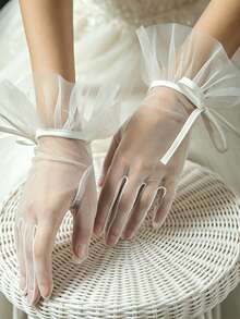1 Pair Sexy White, Black, Rose Red Mesh Transparent Short Elegant Vintage Gloves, Suitable For Spring, Summer, Autumn, Winter, Wedding - Black - View 2