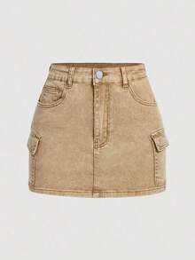 Minifalda casual cargo de mezclilla lavada para mujer - Caqui - Ver 5