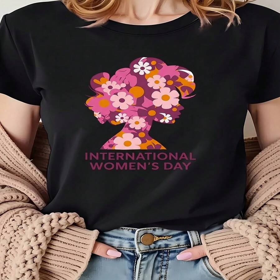 Women's Cotton International Women's Day Floral Silhouette Casual T-Shirt Short Sleeve Round Neck Regular Fit - 黑色 - 查看 1