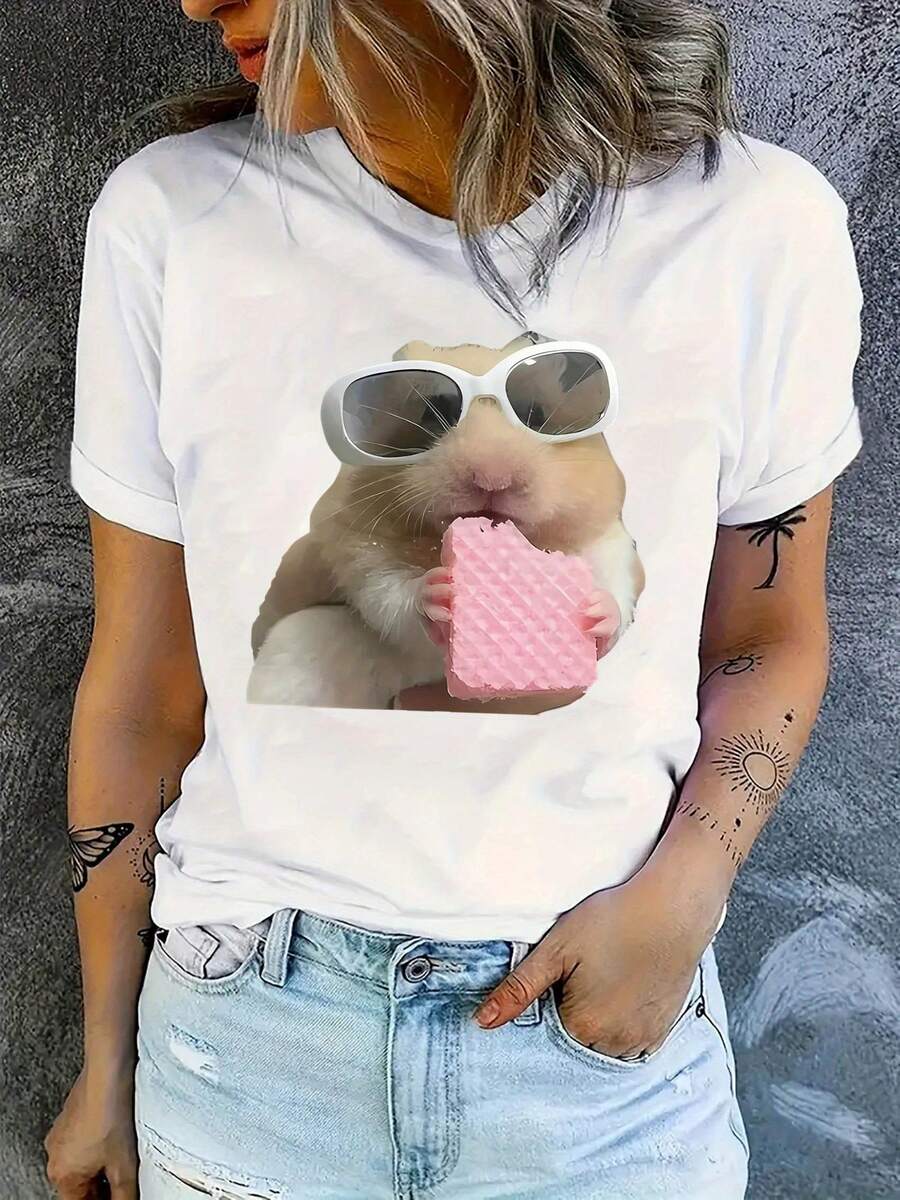 Women's Casual Crew Neck T-Shirt With Hamster Eating Cookie Print, 95% Polyester 5% Spandex, Knit Fabric, Medium Elasticity, Fashionable Top For All Seasons, Y2k Style - 白色 - 查看 1