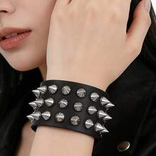 1 pieza Brazalete de cuero ancho con remaches de múltiples filas para parejas, estilo punk gótico, para escenario y cosplay, regalo para la pareja, regalo de cumpleaños - Negro - Ver 1
