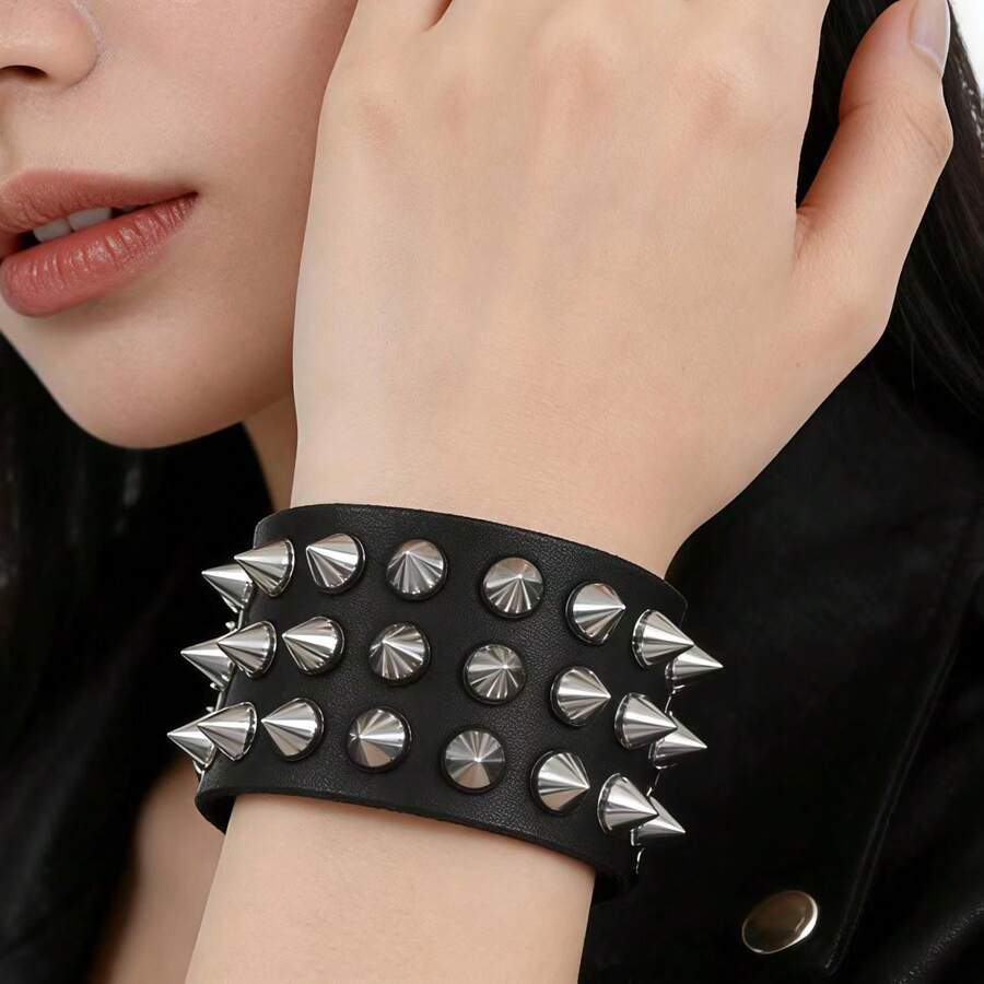 1 pieza Brazalete de cuero ancho con remaches de múltiples filas para parejas, estilo punk gótico, para escenario y cosplay, regalo para la pareja, regalo de cumpleaños - Negro - Ver 1