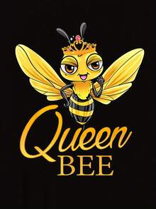 Women's Queen Bee Graphic T-Shirt - Cartoon Crowned Bee Print, Casual Short Sleeve Top, Black And Yellow Summer T-Shirt, Soft And Stretchy Crew Neck, Machine Washable, Bee Clothing, All Season Top, Casual Wear, Medium Elasticity T-Shirt Y2k - 黑色 - 查看 2