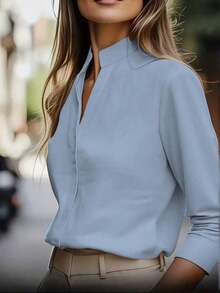 de unicolor de estilo europeo y americano de , diseño de cuello de satén, blusa elegante de manga larga y ajuste ceñido para primavera - Celeste - Ver 2