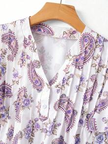 Blusa casual de mujer con estampado de cerezas, cuello plisado y mangas cortas de campana en silueta "H", para uso diario y vacaciones - Morado - Ver 3