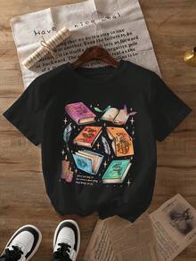 Camiseta de poliéster de talla grande para mujer con estampado gráfico de amante de libros Velaris, top casual de manga corta con cuello redondo, tejido de punto ligeramente elástico, ropa de verano con estampado de alfabeto. - Negro - Ver 6