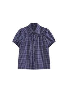 Vintage Blue Plaid Petal Sleeve Shirt, New Arrival Japanese Style Loose Casual Blouse Top Summer - Blue - View 7