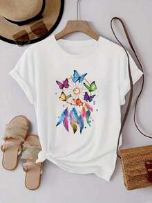 Camiseta Casual para Mujer con Estampado de Atrapasueños y Mariposas, Negra, Manga Corta, Cuello Redondo, Hombros Caídos, Tejido de Punto con Elasticidad Media para Uso Diario - Blanco - Ver 2