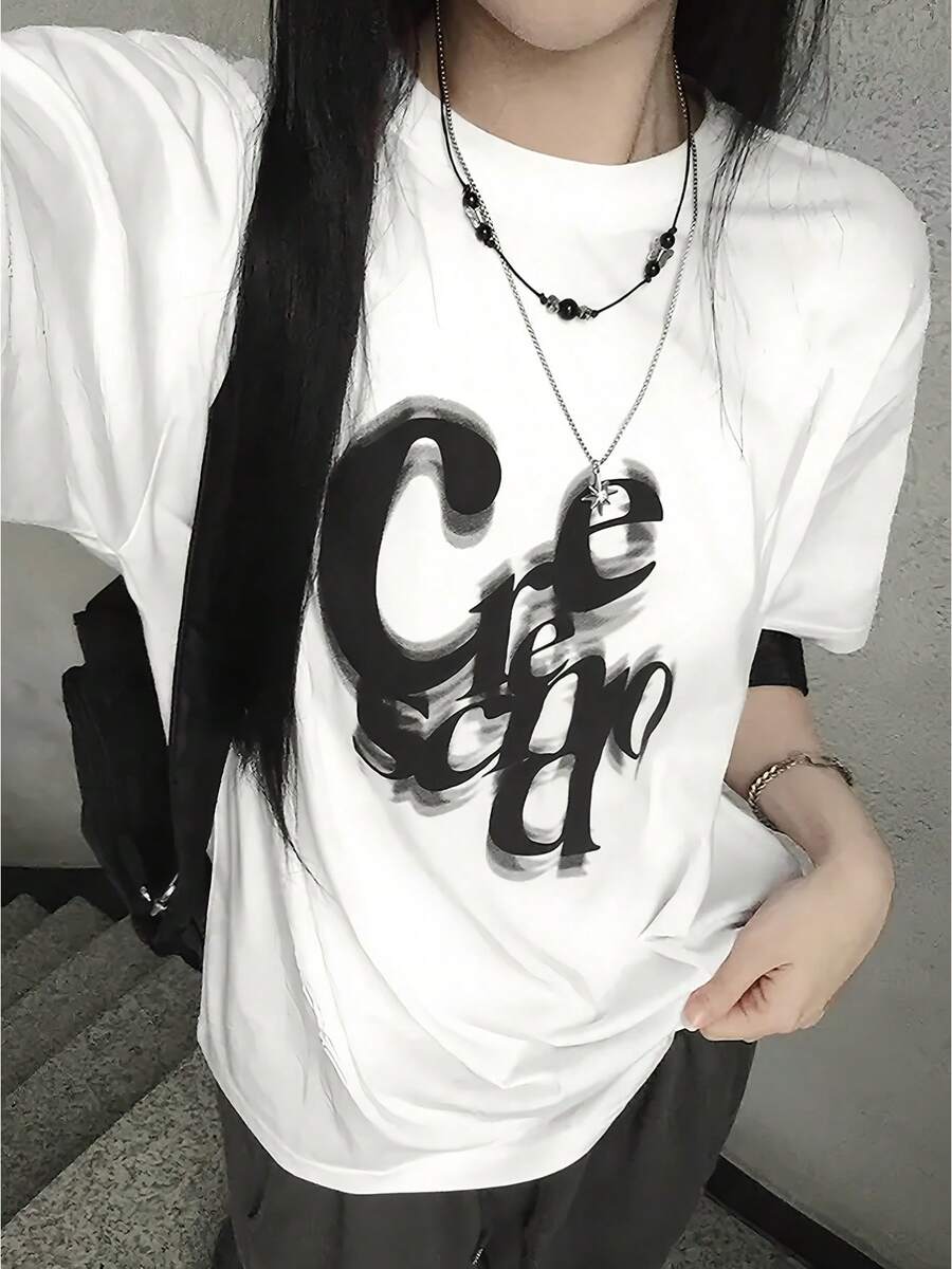 Women's Y2K Style White T-Shirt - Short Sleeve Loose Fit With Bold Letter Print, Casual Summer Top, Ladies' T-Shirts - 白色 - 查看 1