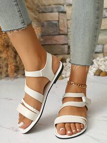 Women's Woven Strap Decor Flat Sandals, Casual Hook And Loop Sandals - White - View 5