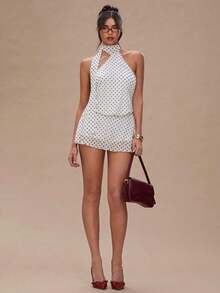 Vestido de tirantes mini con espalda descubierta y estampado de lunares elegante para mujer - Blanco - Ver 3