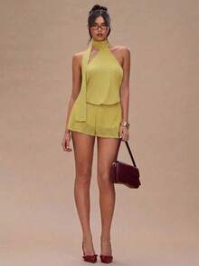Vestido mini con estampado de lunares y espalda descubierta para mujer - Mostaza Amarilla - Ver 3