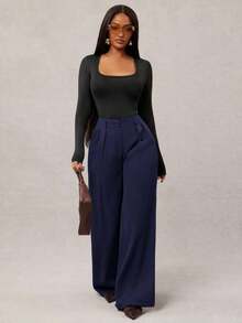Pantalones anchos de pierna ancha de color café oscuro de moda minimalista para mujeres, pantalones de oficina de pierna ancha de color marrón para mujeres con cintura alta, pantalones de traje marrón para otoño/invierno - Azul marino - Ver 4