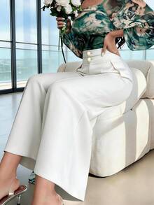 Calça De Terno Elegante De Cintura Alta Com Perna Flare E Abotoamento Duplo, Estilo Urbano Chique P M G - Branco - Visão 5
