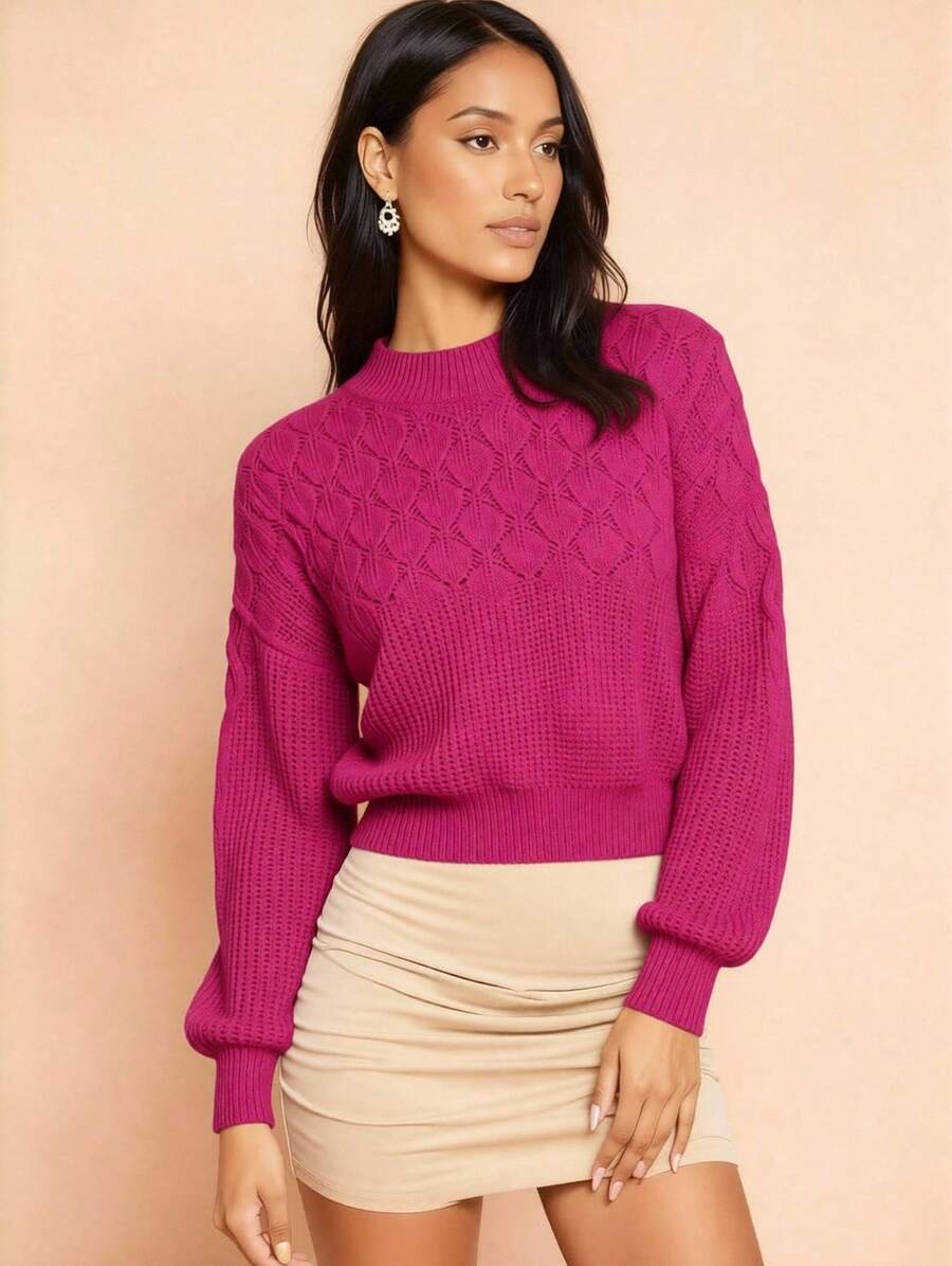 Women's Winter Cropped Basic Knit Blouse - Red Violet - View 1