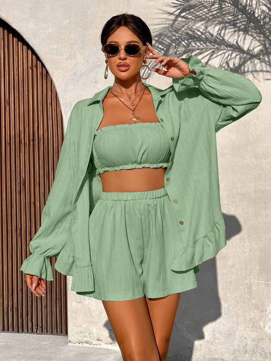 AIJ Amarilo Women Summer Vacation Solid Color Fabric Ruffle Trim Top + Camisole + Shorts 3-Piece Set, Minimalist Daily Outfit Spring Elegant - Pale Green - View 1