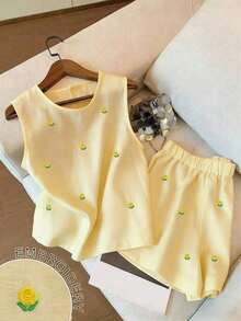 Conjunto de top de tirantes y shorts con bordado floral diminuto - Amarillo claro - Ver 5