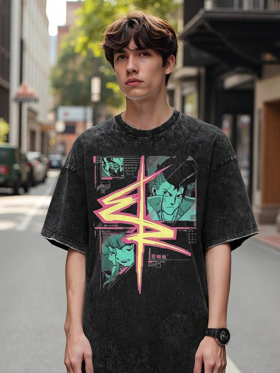 Unisex Oversized T-Shirt With Anime Characters And A Cross Pattern – Suitable For Casual Wear, This Unisex T-Shirt Has A Faded Vintage Look, Perfect For Pairing With Streetwear And Everyday Outfits. - 黑色 - 查看 1
