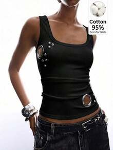 2026 Nueva Llegada, Top Minimalista Sin Mangas y Sin Espalda, Adecuado para Primavera/Verano, Estilo Hip-Hop, 100% Algodón, Top Personalizado Ajustado para Mujer, Chaleco de Algodón, Top con Botones Estilo Old Money, Tops Sexys para Damas, Top de Verano - Negro - Ver 12