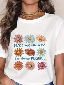 Camisetas de manga corta con cuello redondo y patrón de alfabeto en tejido de punto para mujer, de longitud regular, para verano y primavera. - Blanco - Ver 6
