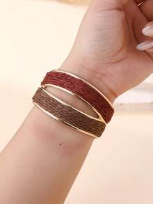 1pc Handmade Bohemian Style Dual-Tone Open Bangle Bracelet, Intricate & Textured Design, Suitable For Travel, Vacation, Party, Afternoon Tea, Music Festival And Daily Wear - Brown - View 10