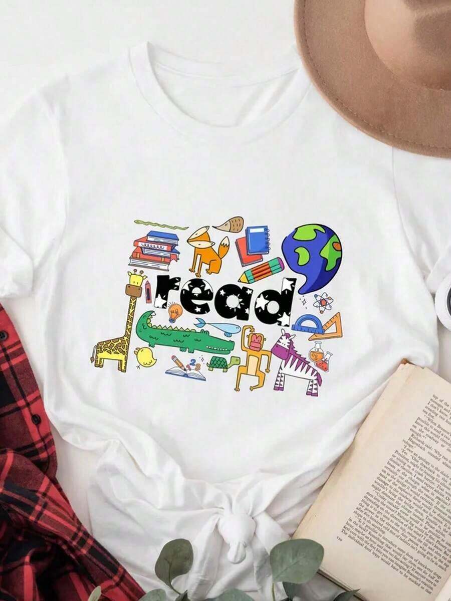 GiftGiftGiftGiftComfort Colots Teacher T-Shirt With Book Print For Kids, Oversized Graphic Tees For Women, Book Lover T-Shirt, Teacher T-Shirt, Elementary School Teacher T-Shirt, Kindergarten T-Shirt, Summer T-Shirts And Tops For Women, Pure Cotton Short Sleeve Crew Neck Urban Style T-Shirt, Soft. Soft - 白色 012 - 查看 1