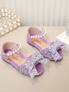 1 Pair Children's Sandals With Rhinestone, Pearl, Bow Decor, PU Patchwork Round Toe, Suitable For Daily Wear, Dance, Outdoor, Festivals, Parties, Glitter Princess Shoes, Fit For Spring, Summer, Autumn - Purple - View 2