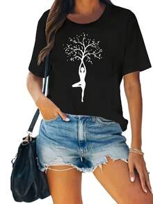 Camiseta de algodón de manga corta para mujer, con estampado de yoga, cómoda, suave, de cuello redondo, corte holgado y diseño gráfico divertido. - Blanco - Ver 6
