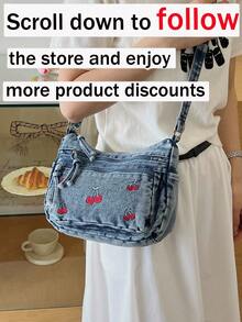 Túi đeo chéo nhiều lớp bằng vải jeans mềm mại, phong cách thường ngày, với nhiều ngăn, đa năng, dung tích lớn, phù hợp cho công sở, đi làm, mua sắm và du lịch, hoàn hảo cho phong cách "cô nàng cao bồi". - Màu xanh lam - Xem 3