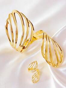 1 Set de brazalete y anillo abierto con capas de conchas abstractas, chapado en oro, joyería de moda para declaración para mujeres, para fiesta - Dorado - Ver 4