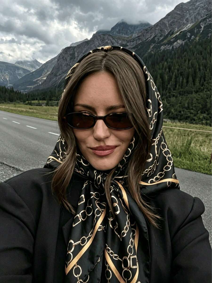 1 chiếc khăn choàng satin in họa tiết Paisley phong cách Bohemian, khăn trùm đầu thanh lịch, kiểu dáng thường ngày, chống nắng. - màu đen - Xem 1