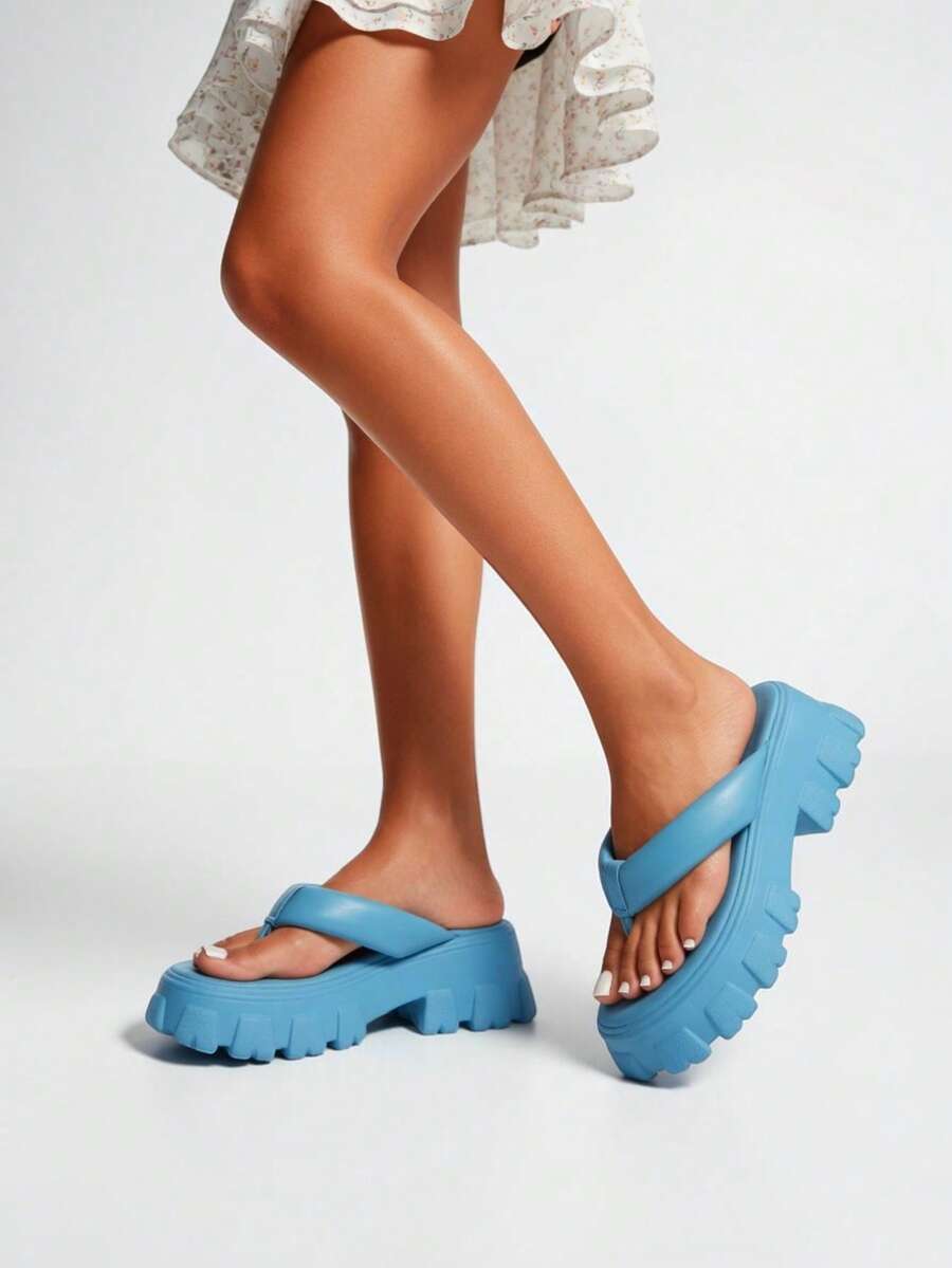 RASOLLI Women's Blue Chunky Platform Thong Flip Flops – Y2K Thick Sole Lug Sandals Beach Slides - 淺藍色 - 查看 1