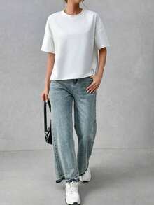Camiseta holgada de estilo minimalista casual para mujer, con parte delantera corta y parte trasera larga, versátil para usar en la calle, adecuada para primavera y verano - Multicolor 3 - Ver 7