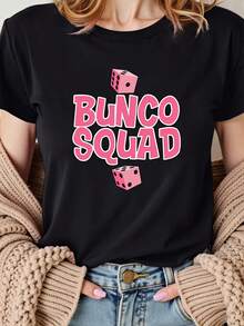 Camiseta de Mujer con Estampado Gráfico BUNCO Squad - Negra con Diseño de Dados Rosados, 100% Poliéster Ligero 180gsm, Manga Corta, Cuello Redondo, Estilo Casual para Primavera y Verano, Lavable a Máquina, Camiseta Y2k - Blanco - Ver 1
