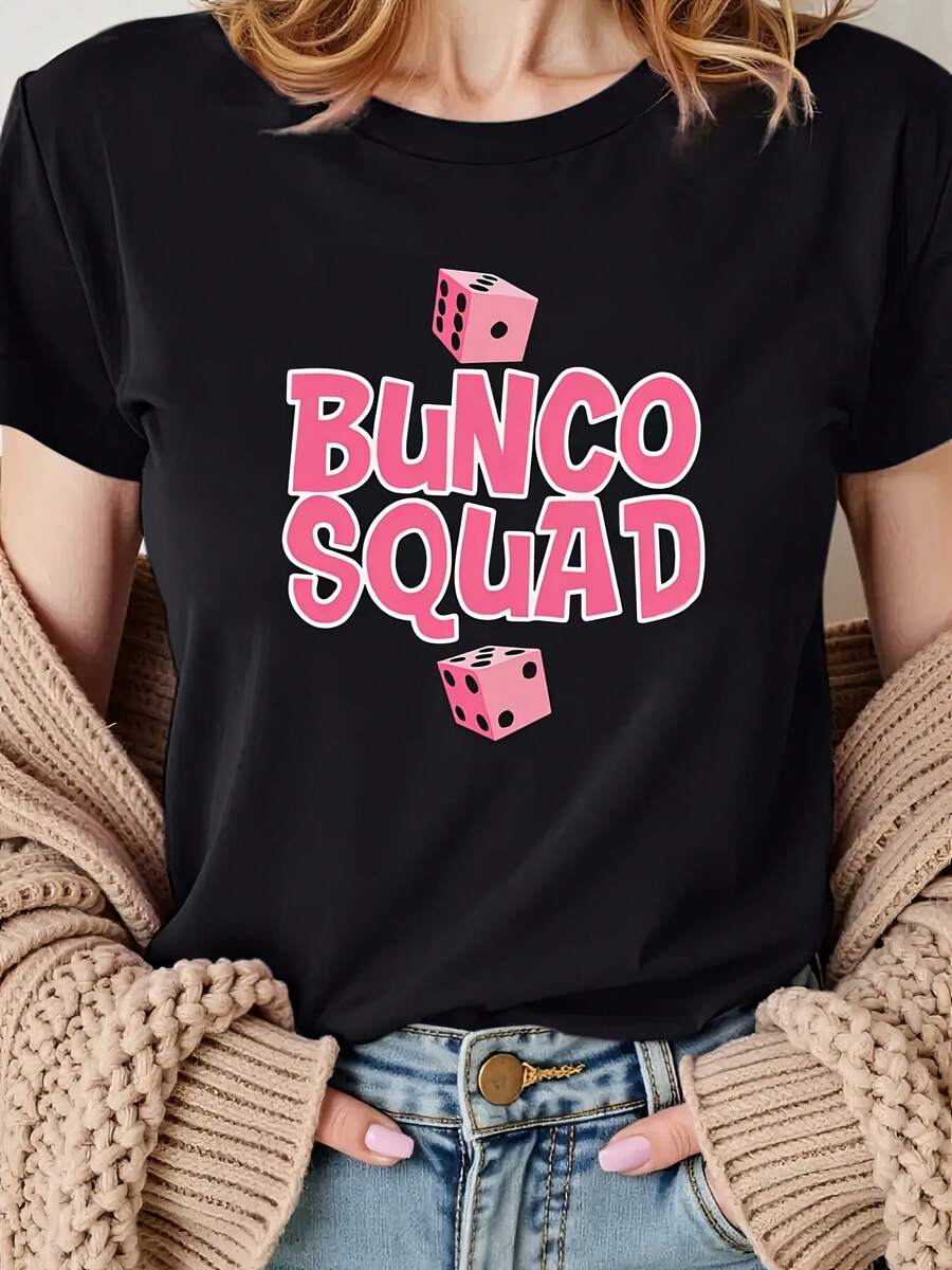Camiseta de Mujer con Estampado Gráfico BUNCO Squad - Negra con Diseño de Dados Rosados, 100% Poliéster Ligero 180gsm, Manga Corta, Cuello Redondo, Estilo Casual para Primavera y Verano, Lavable a Máquina, Camiseta Y2k - Blanco - Ver 1
