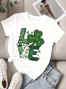 Camiseta de Cuello Redondo para Mujer con Estampado de Trébol y Texto, Manga Corta, Ropa para Celebración del Día de San Patricio - Blanco - Ver 2