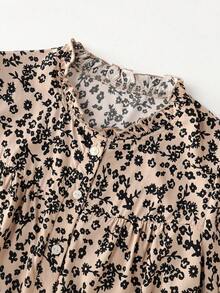 Blusa de manga larga con estampado floral y cuello con volantes para mujer EARO, de corte regular, elegante y versátil para vacaciones - albaricoque negro - Ver 4