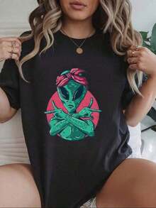 2026Estilo unisex, casual y a la moda - Camiseta creativa para mujer: Con una divertida ilustración de un alienígena, perfecta para el uso casual diario. Camiseta gráfica negra, moderna y de estilo juvenil. Camisetas para mujer, tops, ropa femenina. Mirada de Sirena. Ropa casual para mujer. Camiseta - Negro - Ver 6