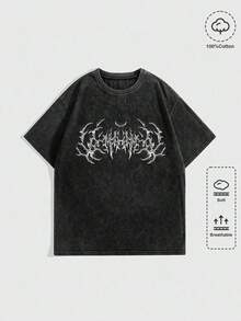 One Unisex Loose-Fitting T-Shirt With A Crew Neck And Short Sleeves, Featuring A Distressed Effect And A Y2K-Style Design. Made From 100% Cotton (220g), This Casual And Versatile Style Is Perfect For Streetwear, Everyday Wear, Camping, Concerts, And Hip-Hop, Rock, And Rap Events. It Features A Star Print And Is An Ideal Choice. - 黑色 - 查看 6
