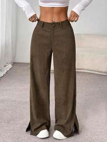 Unity Pantalones palazzo informales, holgados y de pierna ancha dividida de pana para mujeres, otoño/invierno - Marrón - Ver 6