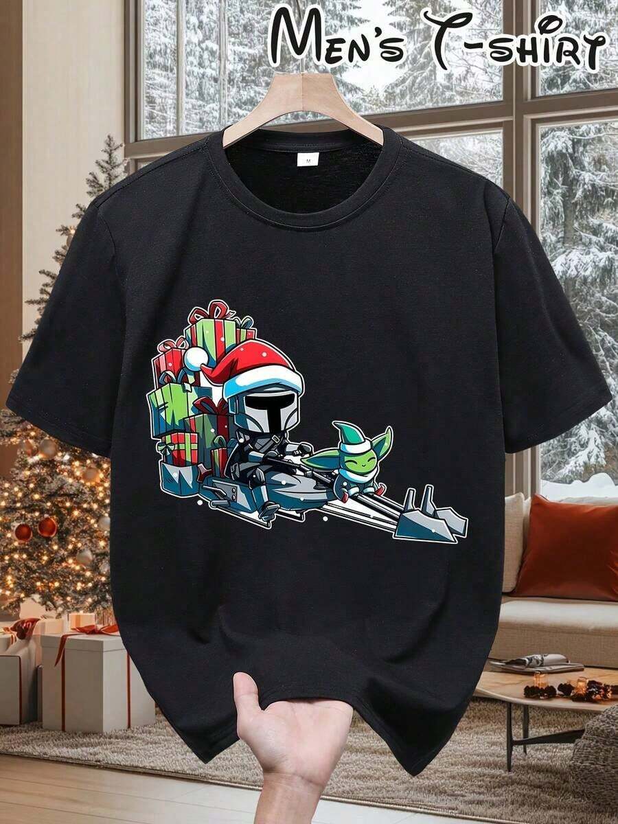 [ Christmas T-Shirt]   & Grogu Christmas T-Shirt For Men |     Mandalorian Armor & Grogu Graphic With Logo, Breathable Round Neck Short Sleeve, Casual & Party Outfit, Birthday/Christmas Gift For Fans, Themed Events & Casual Attire - màu đen - Xem 1