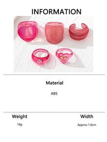 5pcs/Set Pink Jelly Heart Shaped Resin & Acrylic Stackable Rings, Versatile Accessories For Sweet & Girls - Pink - View 6