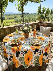 1pc Summer Floral Cactus Print Tablecloth Rectangular Table Cover Waterproof Polyester Fabric Tablecloth Boho Farmhouse Style Bright Orange Flower Green Cactus Pattern Table Cloth - Multicolor - View 5