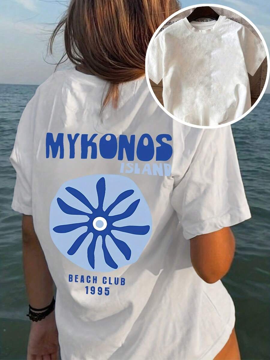 New And Modern Women's Crew Neck Design With A Geometric Cartoon Pattern And English Letter Print. Versatile Short-Sleeve T-Shirt For Everyday Wear Y2k - 白色 - View 1