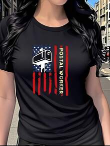 Women's Pure Cotton T-Shirt, Women's Pure Cotton T-Shirt, American Postal Worker Print T-Shirt, Women's Short Sleeve Round Neck Clothing, American Retro Style, Unique And Fashionable, Versatile And Casual, Suitable For Everyday Wear, Outings, Travel, Parties And As A Gift. - 黑色 - 查看 7